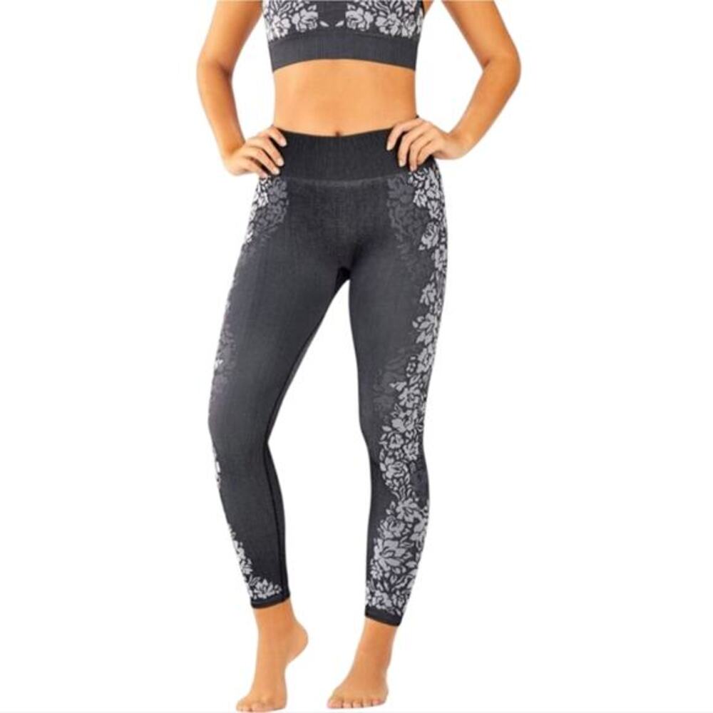 Fabletics Floral Black Grey Seamless High Rise Leggings Charcoal Gray Medium